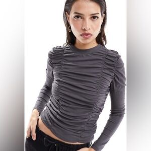 Elegant Charcoal Ruched Long Sleeve Top
